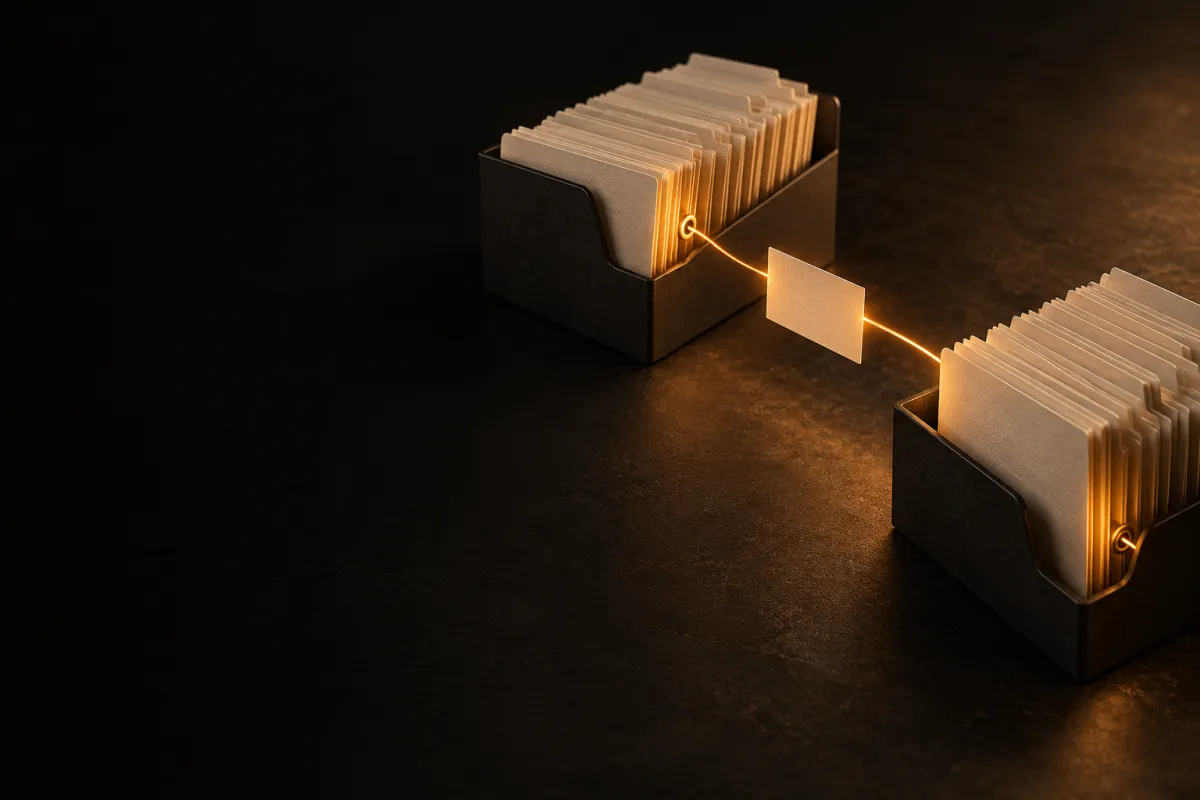 Automatisation des processus métier : deux blocs de fiches reliés par un fil lumineux, des logiciels connectés sans ressaisie