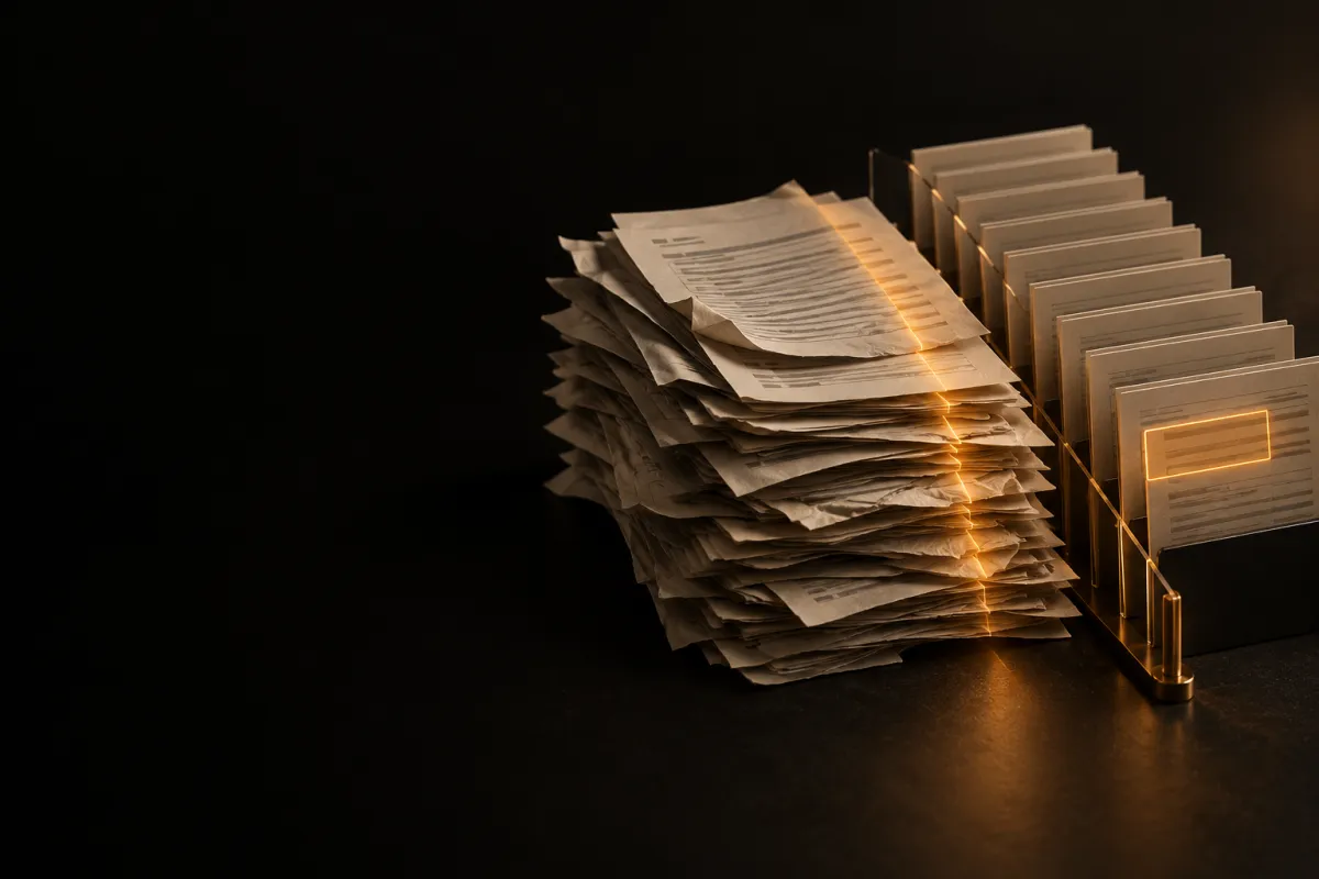 Extraction de données de documents : une pile de documents traversée par une ligne lumineuse, des fiches rangées et une anomalie encadrée