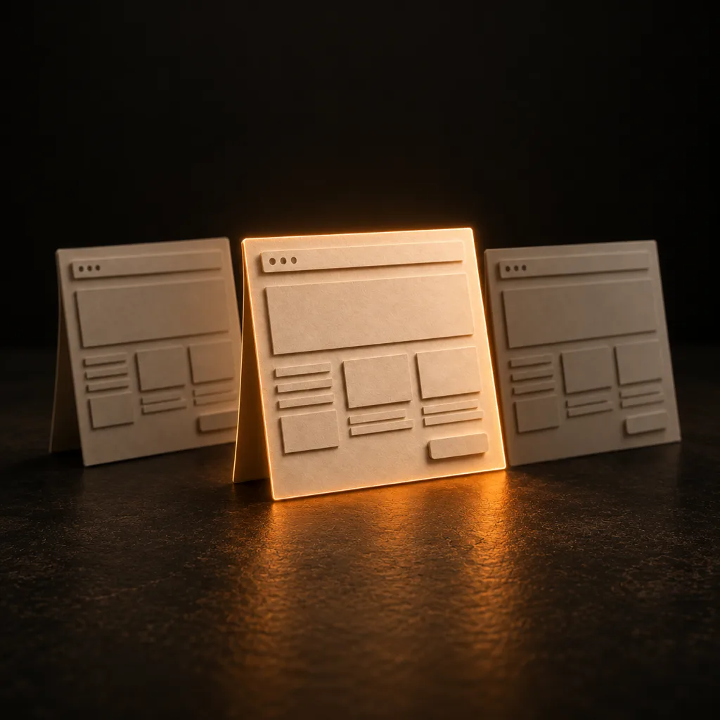 Création de site vitrine : trois pages web en papier côte à côte, une seule éclairée, celle que le client choisit