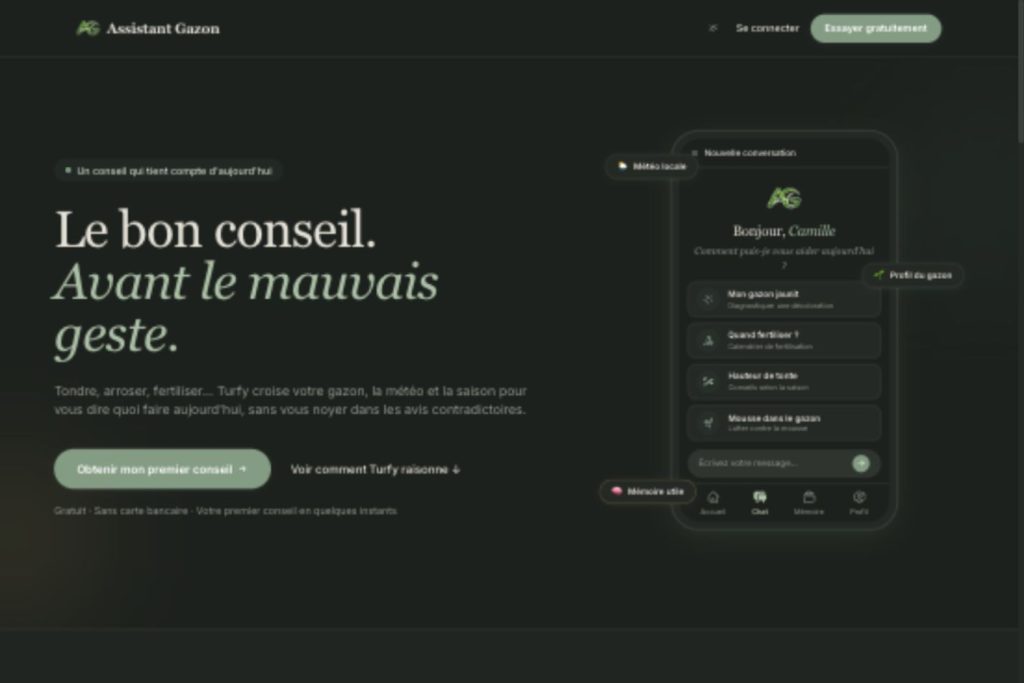 Accueil d’Assistant Gazon sur ordinateur : conseil contextualisé et présentation de Turfy