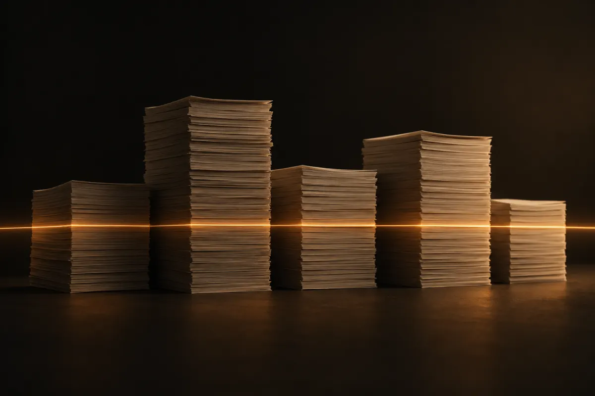 Hautes piles inégales de documents crème alignées, traversées à mi-hauteur par une fine ligne de lumière ambrée