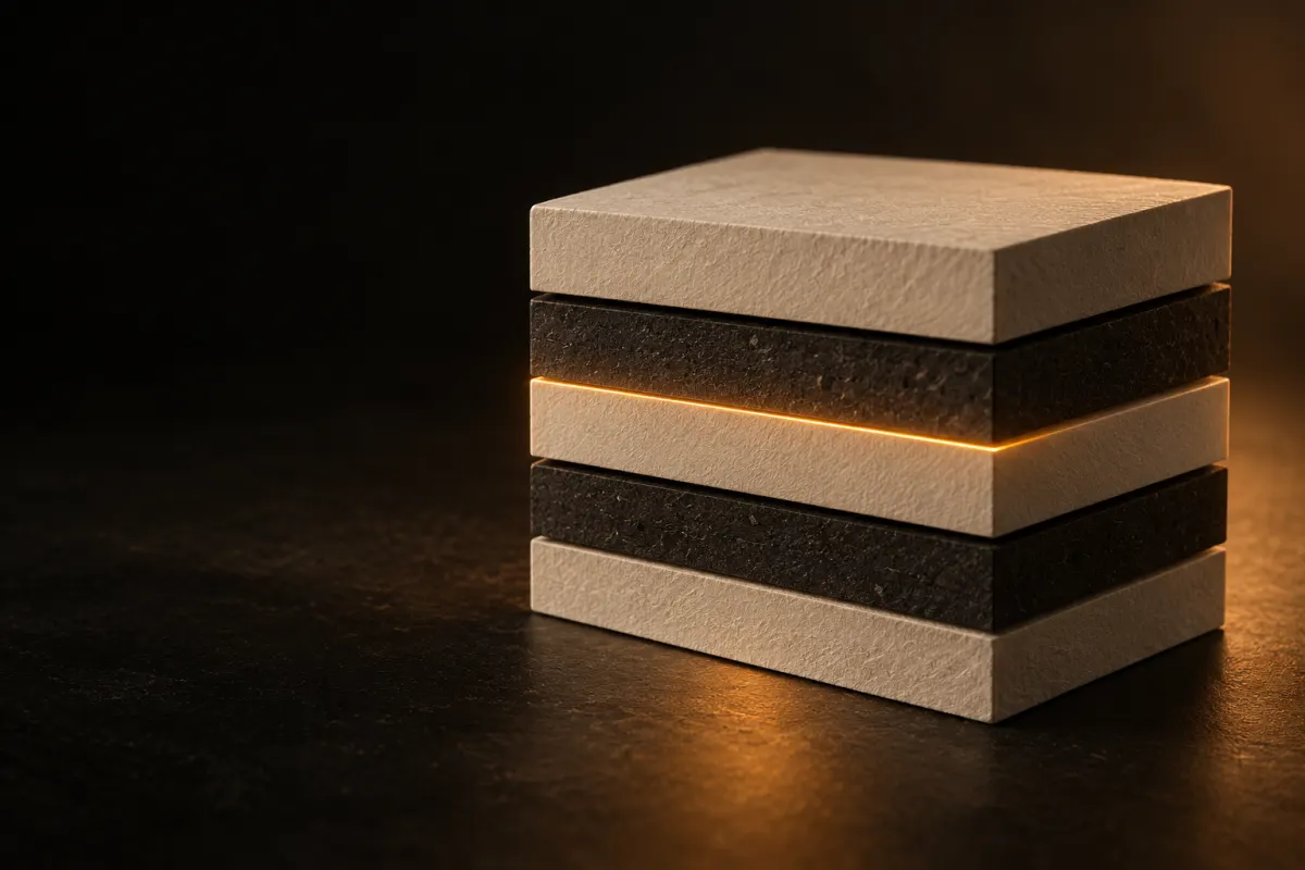 Bloc vu en coupe formé de cinq strates de papier crème et de carton sombre, une strate centrale soulignée d'orange