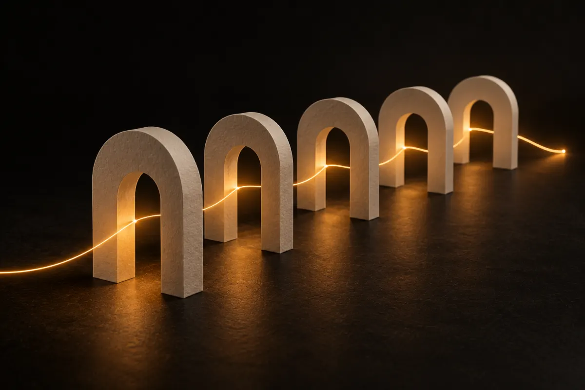 Besoin d'un logiciel sur mesure : cinq portiques de papier crème alignés, traversés l'un après l'autre par un fil orange lumineux