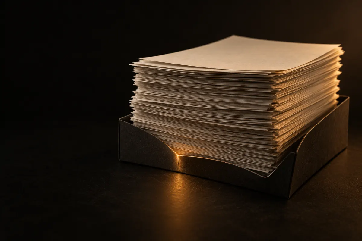 Petit plateau crème qui plie sous une haute pile de documents, le pli de tension souligné par une lumière ambrée