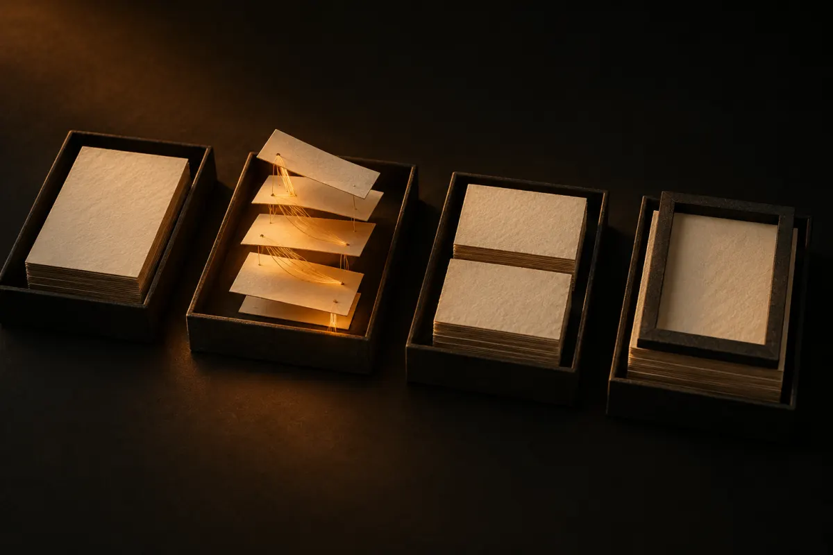 Quatre plateaux sombres montrant des feuillets crème empilés, reliés, copiés ou réunis, le plateau relié éclairé