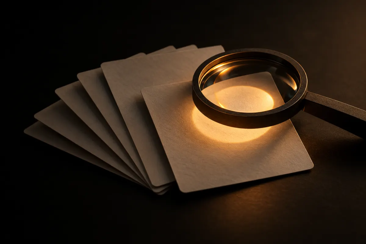 Développeur d'application métier : une loupe au cadre sombre posée sur des cartes crème, un cercle de lumière ambrée sur l'une d'elles
