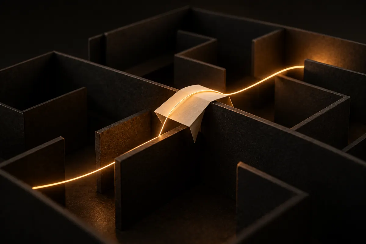 Logiciel métier inadapté : un circuit de couloirs sombres franchi par une passerelle de papier crème improvisée