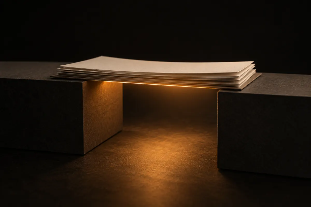 Deux blocs en carton sombre séparés par un vide, reliés par une pile de feuillets crème posée comme un pont