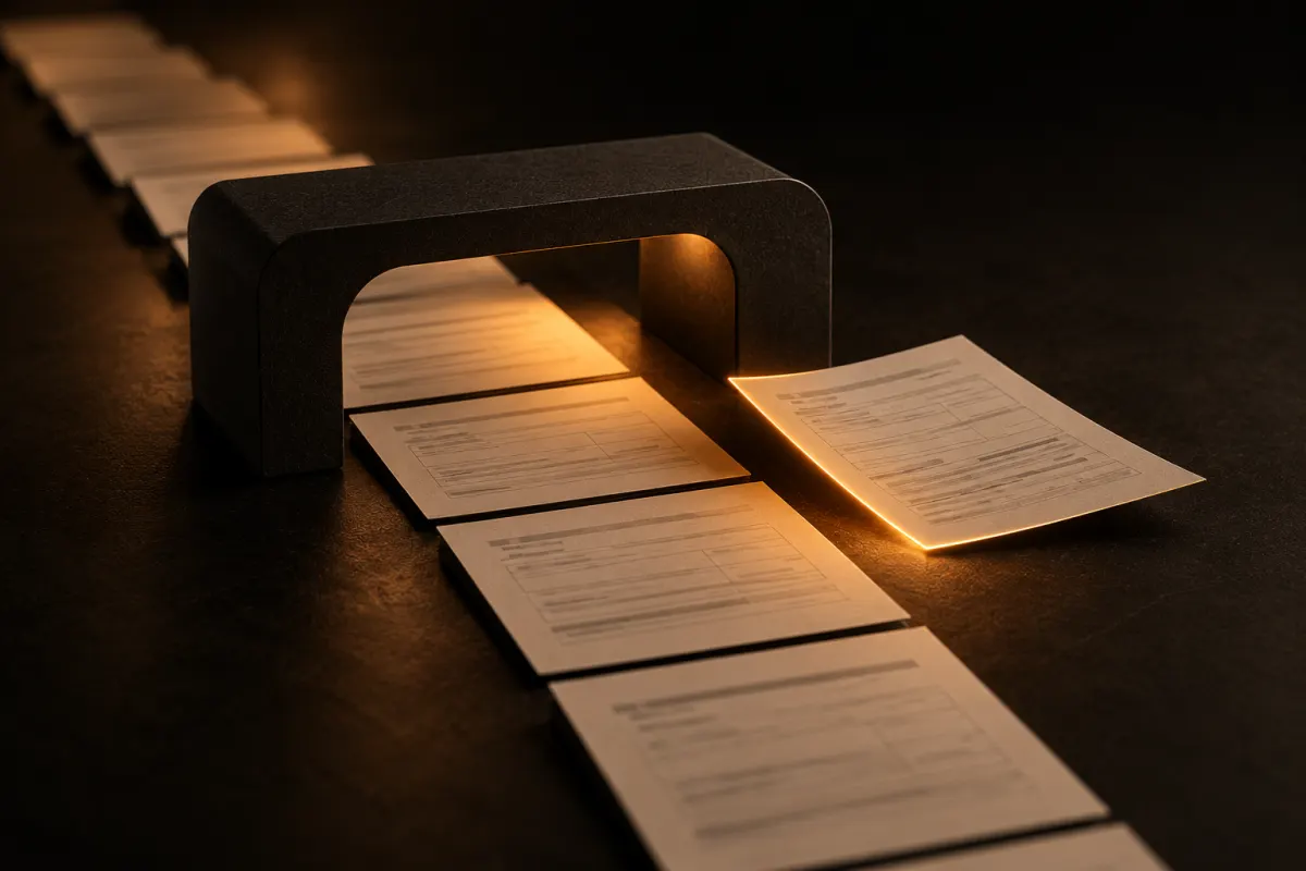Automatiser le contrôle de documents : une file de feuilles crème passe sous une arche sombre, une feuille écartée bordée de lumière ambrée
