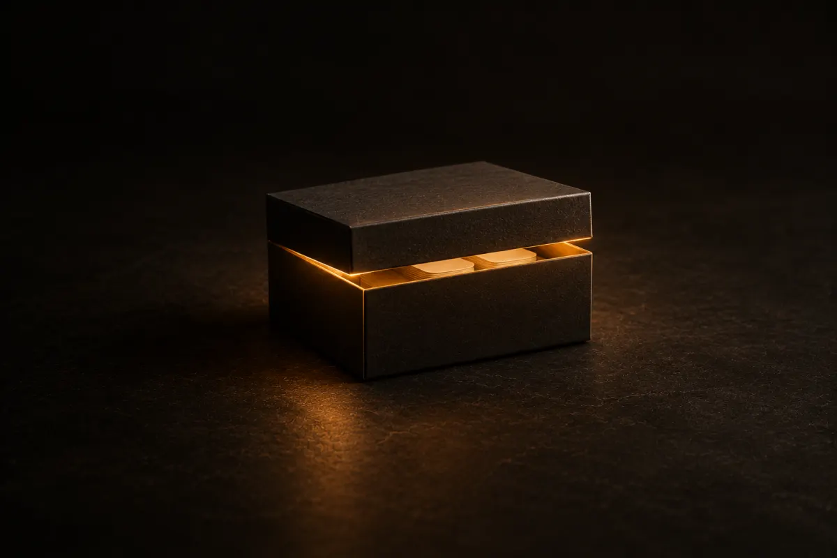 Boîte en carton sombre au couvercle entrouvert, une lumière ambrée révèle des jetons de papier crème à l'intérieur