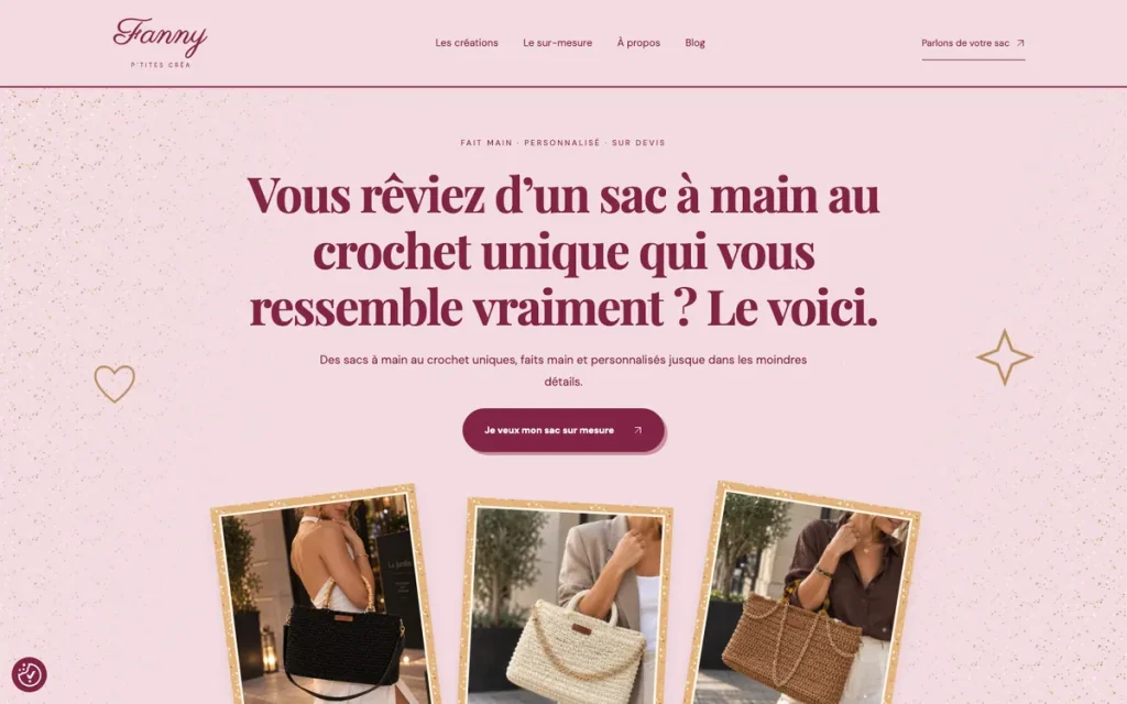 Exemple de site vitrine : accueil du site Fanny P’tites Créa sur ordinateur, avec son titre et trois sacs au crochet en polaroïds