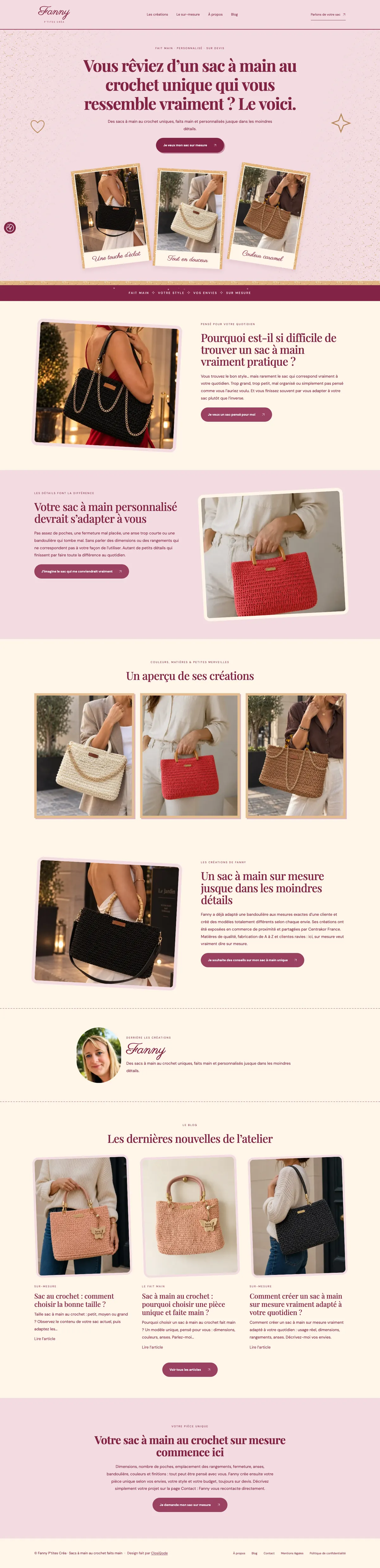 Page d’accueil entière du site Fanny P’tites Créa sur ordinateur