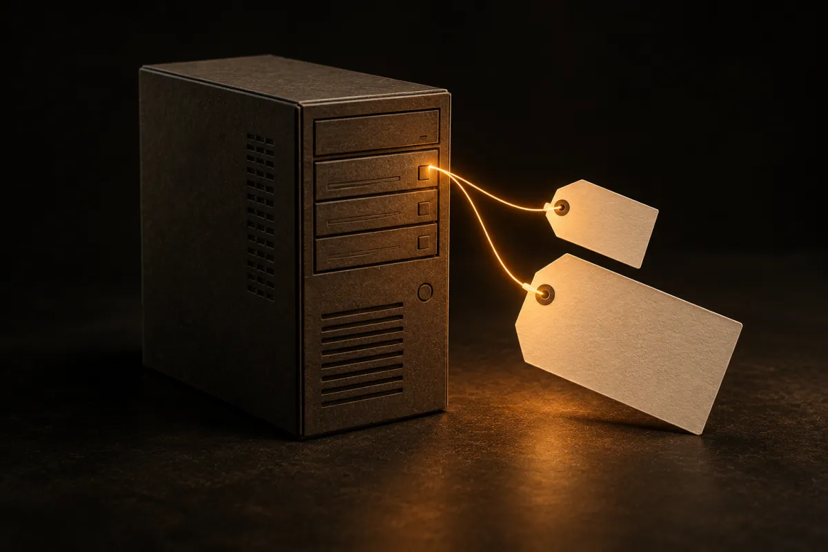 Un serveur en carton avec deux étiquettes de prix, une petite et une grande
