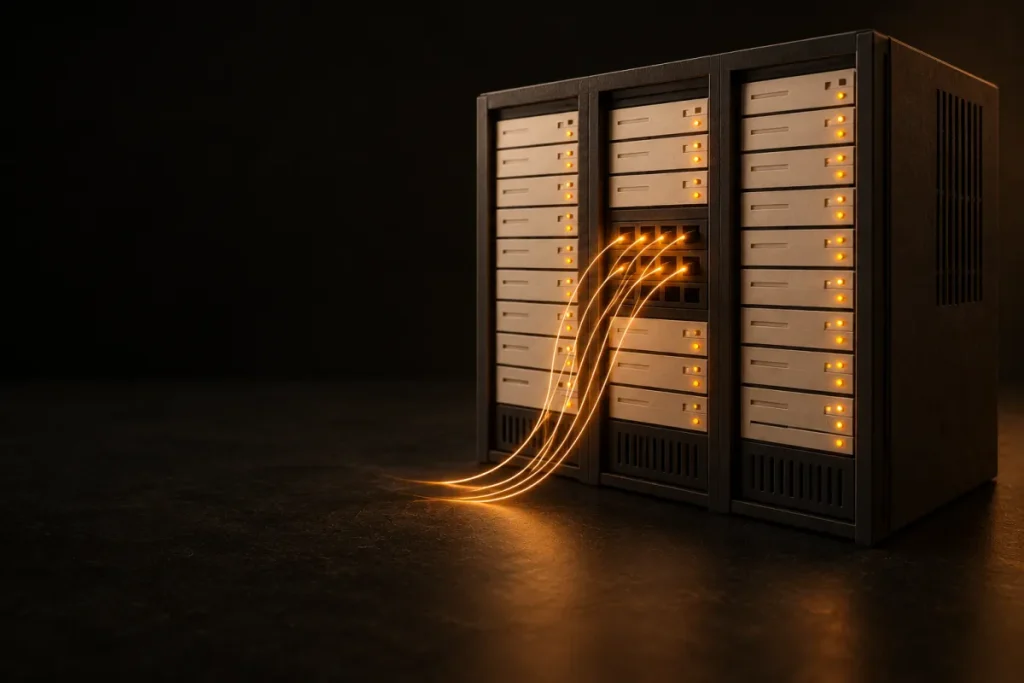 Hébergement site WordPress : une baie de serveurs en papier, des câbles de lumière orange qui en sortent
