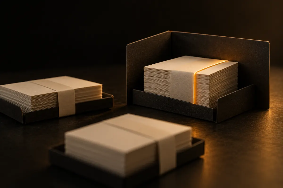 Trois piles de feuilles crème sur plateaux sombres, la plus sensible isolée derrière un muret et soulignée d'orange