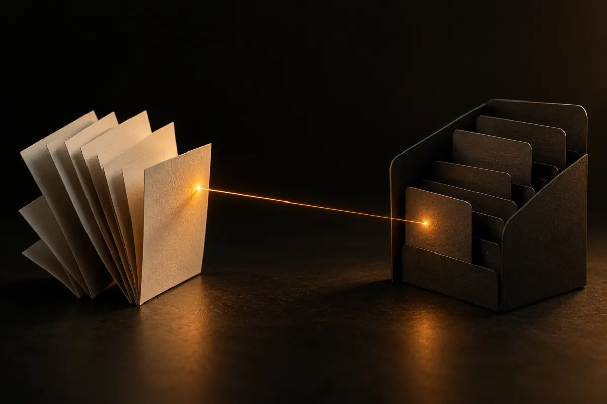 Interfaçage logiciel : deux blocs, l'un en papier crème, l'autre en carton sombre, reliés par un fil de lumière orange