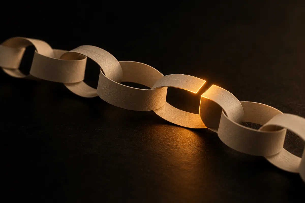 Chaîne de maillons en papier crème dont un maillon entrouvert est mis en lumière par un éclairage orange