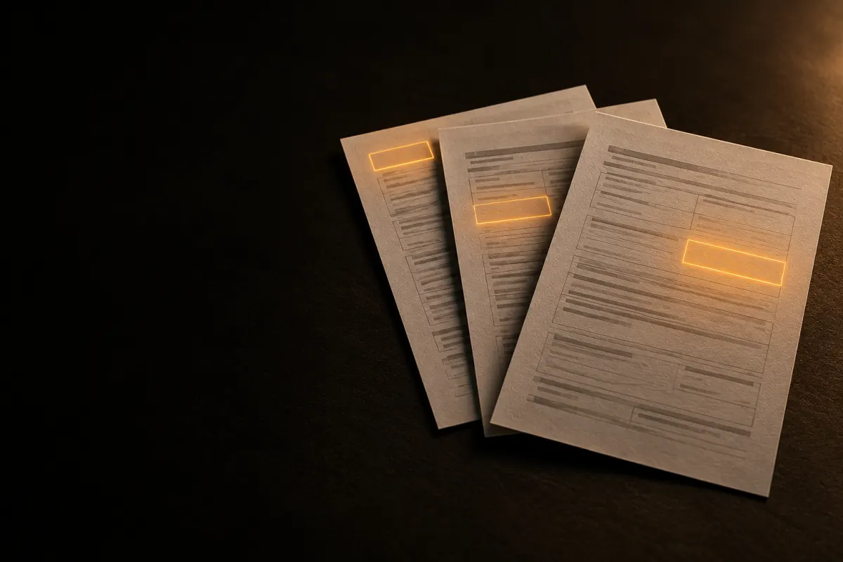 LAD RAD : trois documents en papier crème posés en éventail, une zone de chacun soulignée par un contour de lumière orange