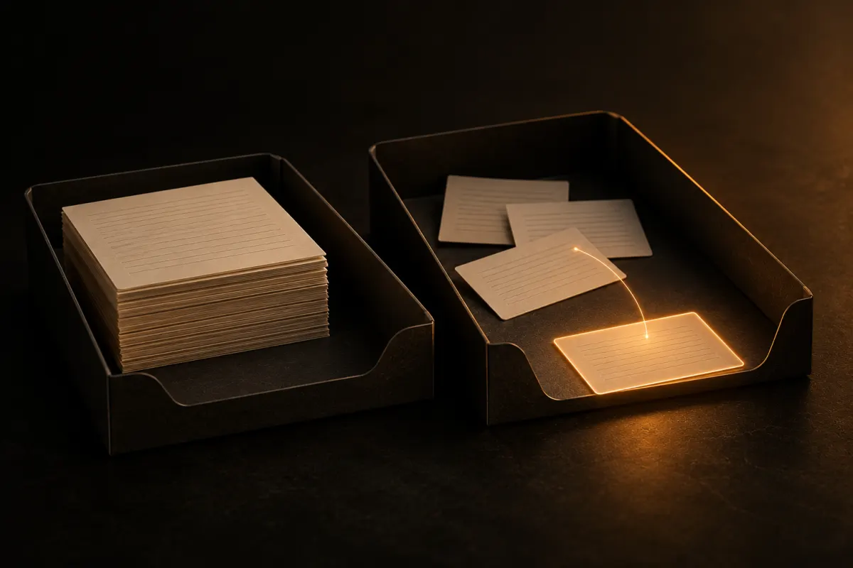 Deux plateaux en carton sombre, une pile de fiches crème validées et une fiche mise à part, éclairée d'un trait de lumière orange