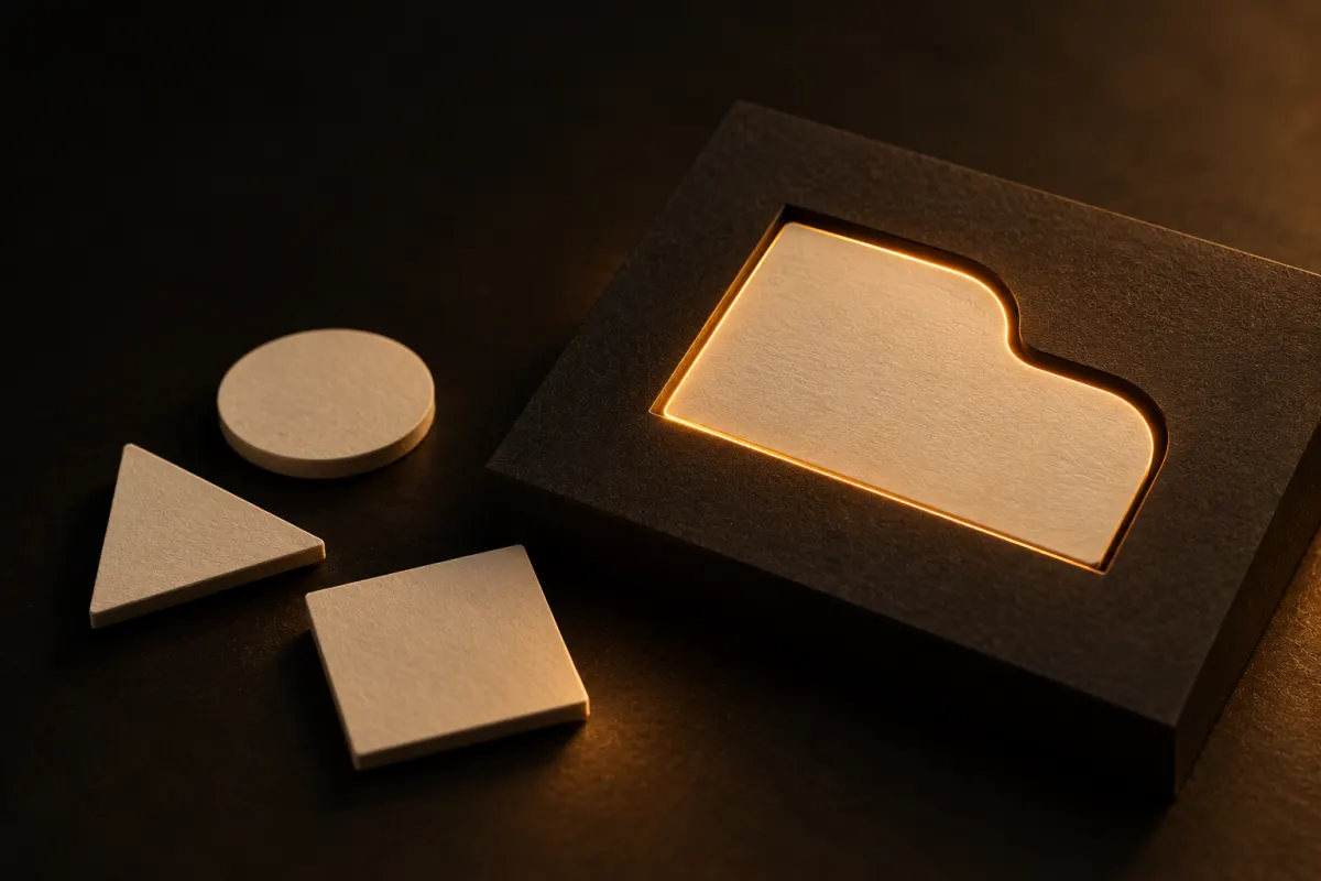 Logiciel sur mesure : une pièce de papier crème découpée qui s'emboîte exactement dans une forme sombre, soulignée d'une lumière orange