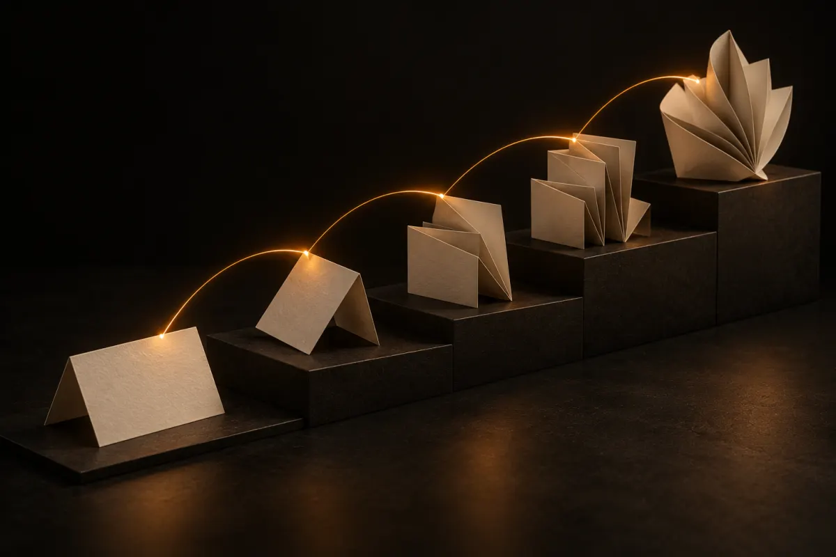 Cinq feuilles de papier crème de plus en plus pliées, posées en escalier et reliées par un fil de lumière orange