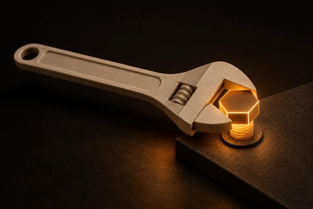 Maintenance site WordPress : une clé à molette en papier qui resserre un boulon lumineux
