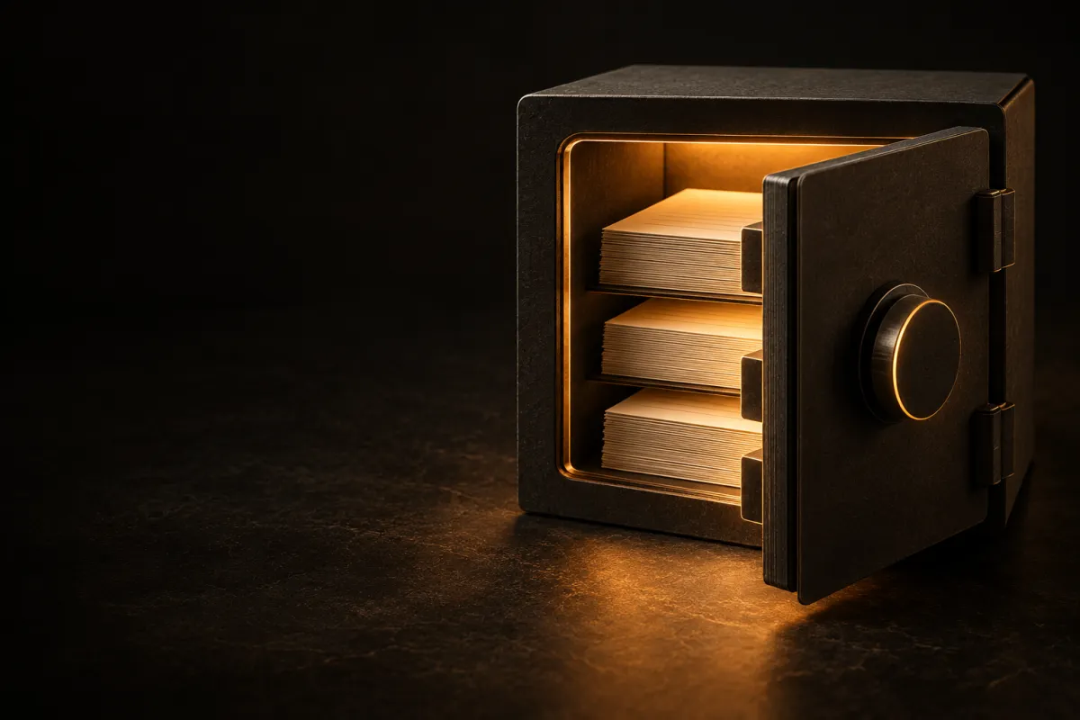 Un coffre entrouvert contenant des copies de pages en papier