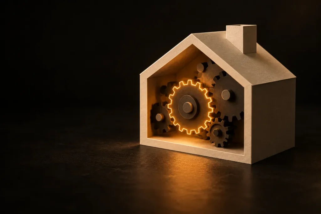 Maintenance site WordPress : une maison en papier dont la façade ouverte laisse voir des engrenages