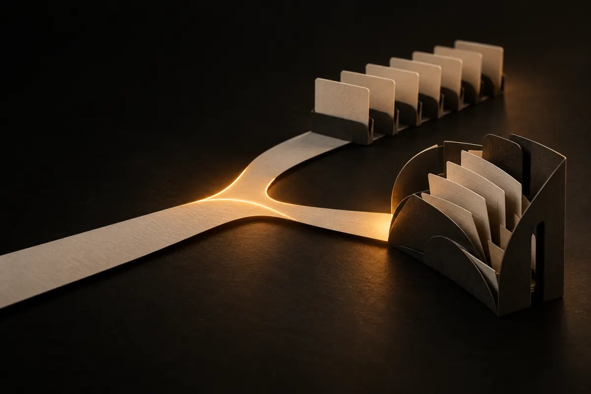 Automatisation no-code : une piste de papier crème se sépare entre connecteurs identiques et mécanisme plié sur mesure