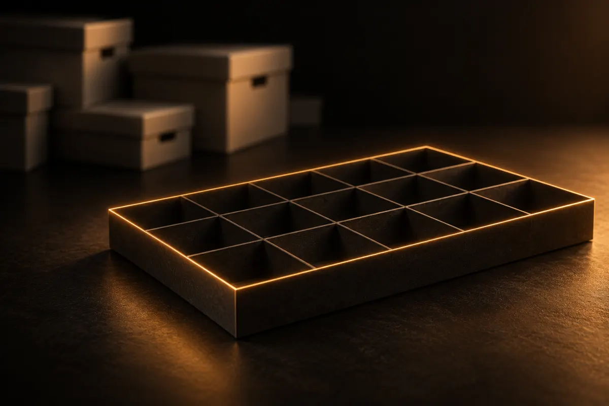 Grille vide en carton sombre au premier plan, contour ambré, devant des cartons d'archives crème flous en arrière-plan