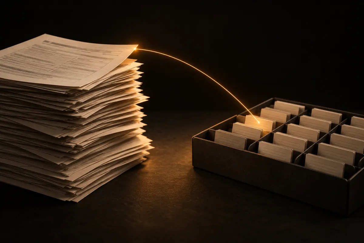 Extraire des données d'un PDF vers Excel : une pile de documents crème reliée par un fil ambré à une case précise d'un plateau sombre