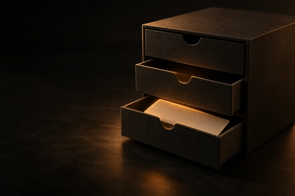 Meuble à tiroirs sombre, un feuillet crème rangé au mauvais niveau sous une fente vide, contour souligné d'orange