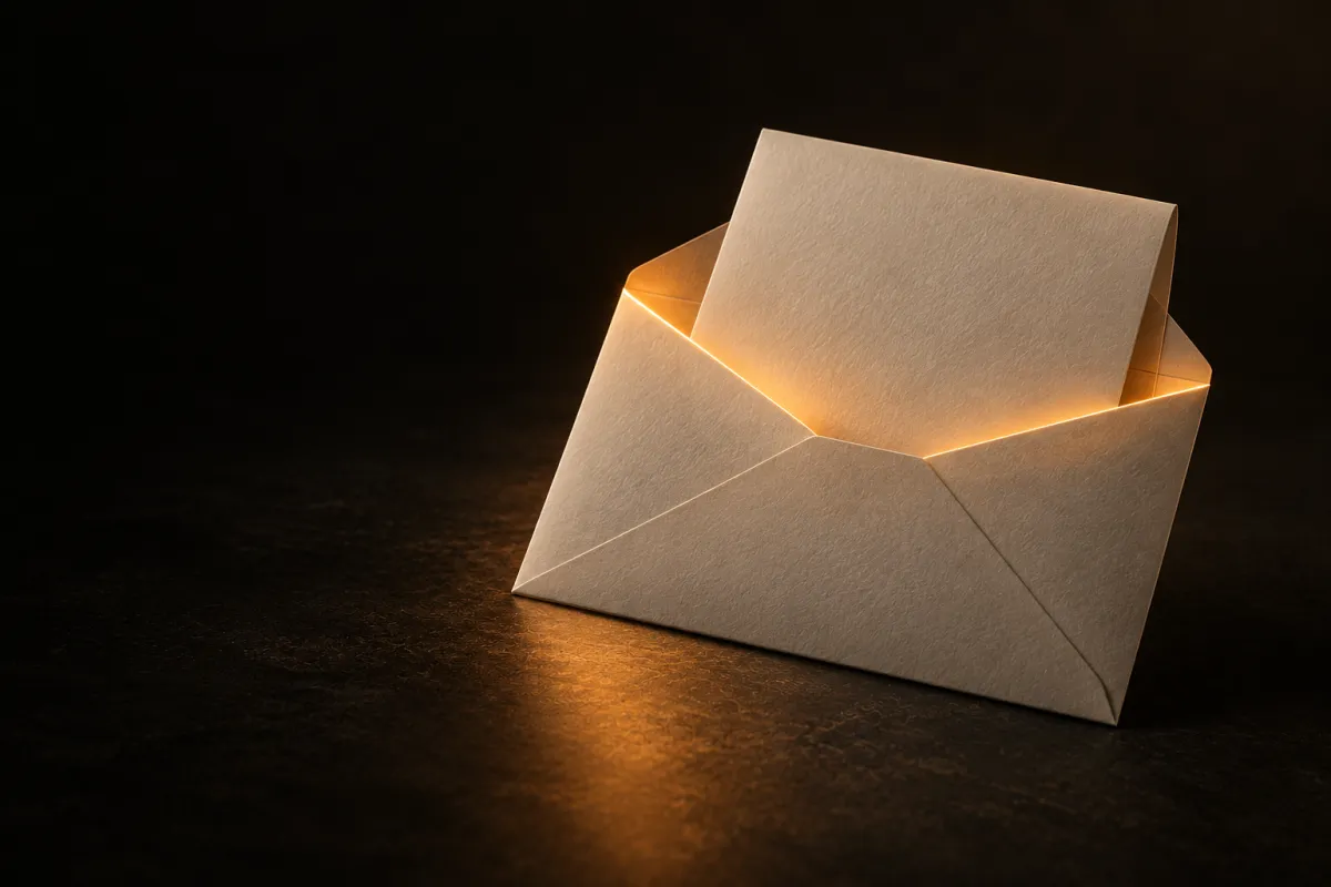Une enveloppe de devis en papier ouverte, éclairée par une lumière orange