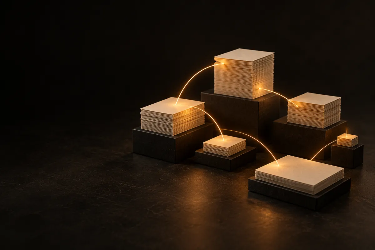 Prix site vitrine : des blocs de papier de tailles différentes reliés par un fil lumineux, comme les postes d'un budget