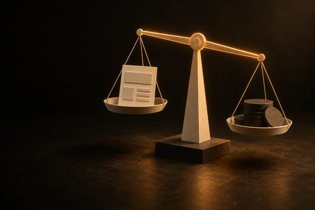 Prix site vitrine : une balance en papier, une maquette de page d'un côté, des jetons de l'autre