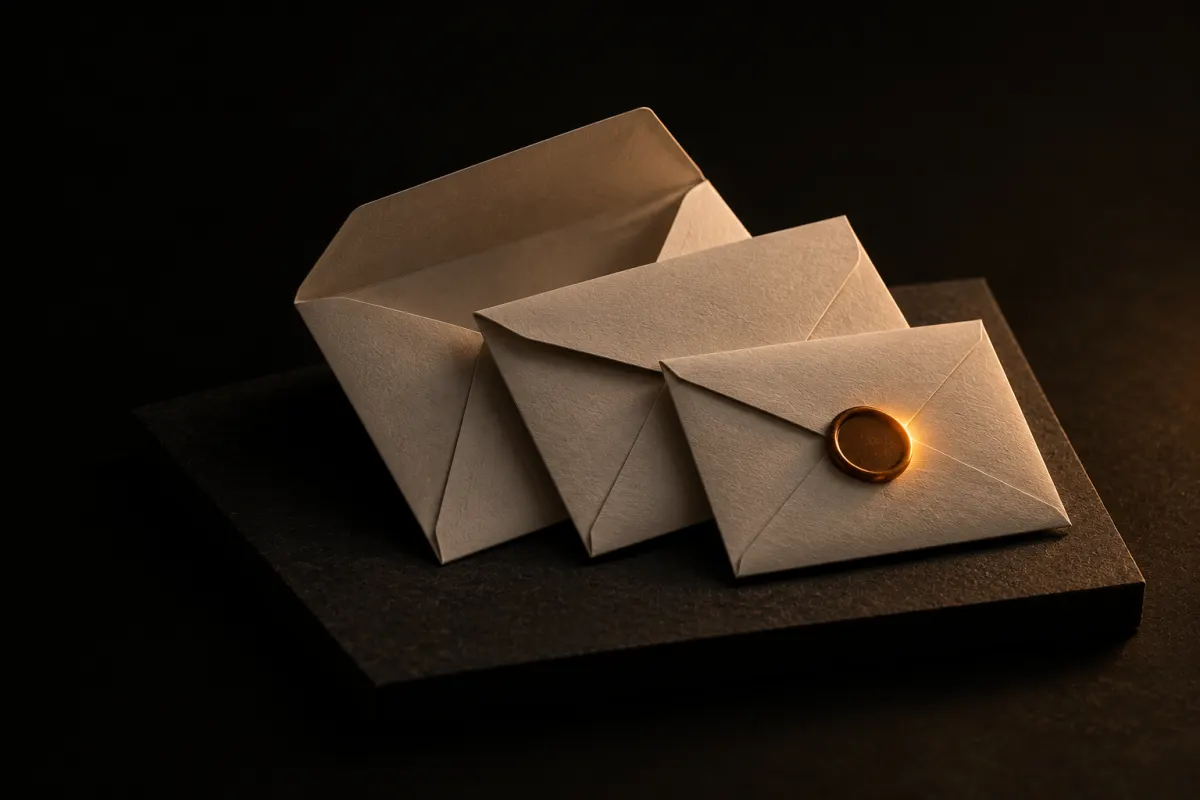 Code d'un logiciel sur mesure : trois enveloppes crème emboîtées, seule la plus petite reste scellée sous une lumière ambrée