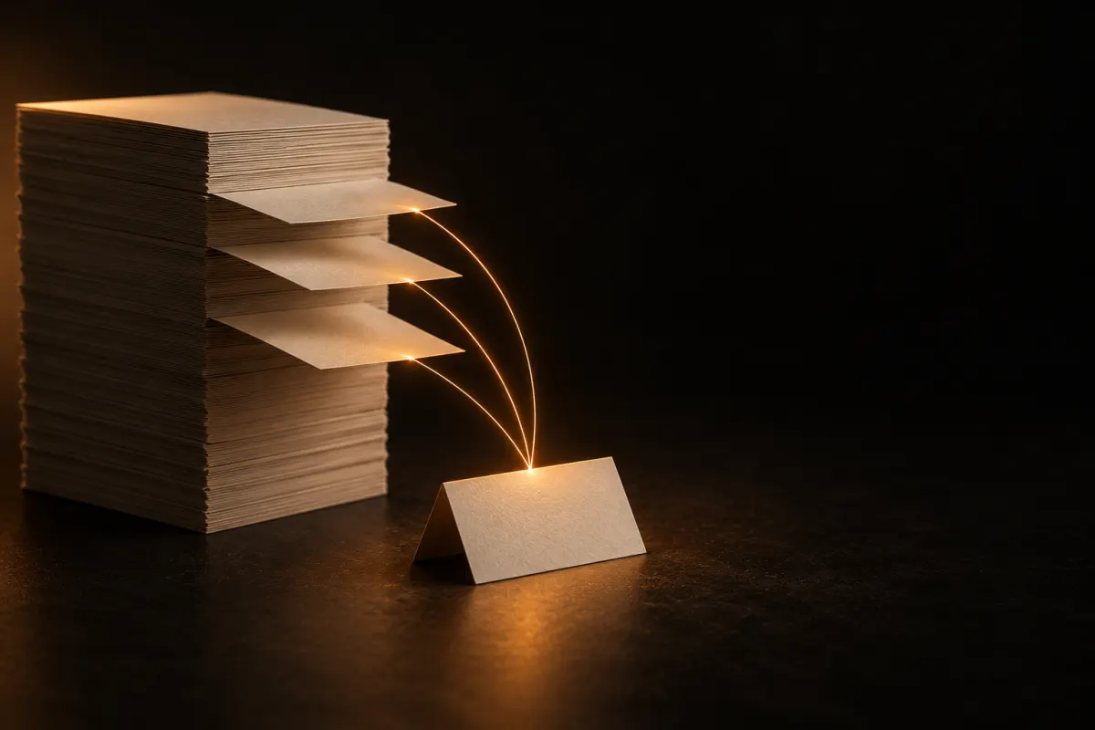 RAG IA : un fil de lumière orange relie trois feuilles tirées d'une pile de documents en papier crème à une carte pliée posée devant
