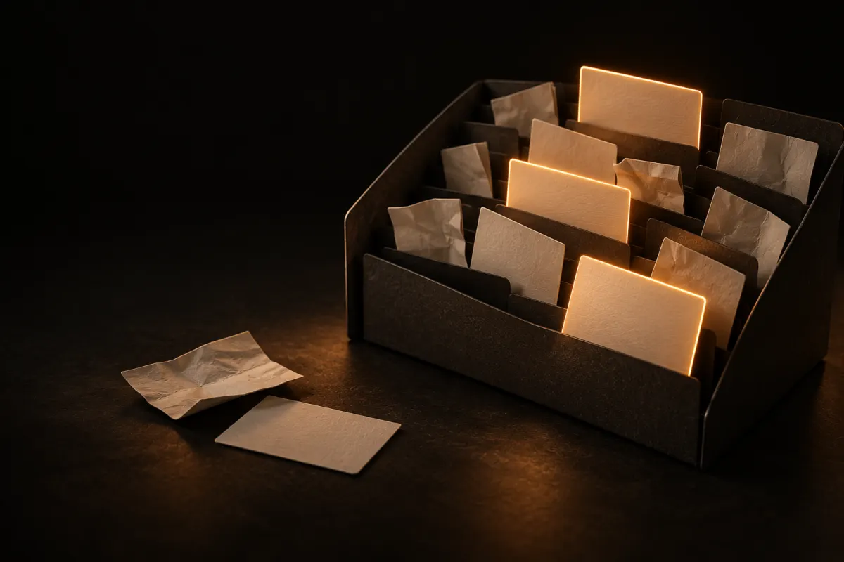 Casier en carton sombre d'où dépassent des fiches crème, seules les fiches bien rangées sont soulignées d'un contour de lumière orange