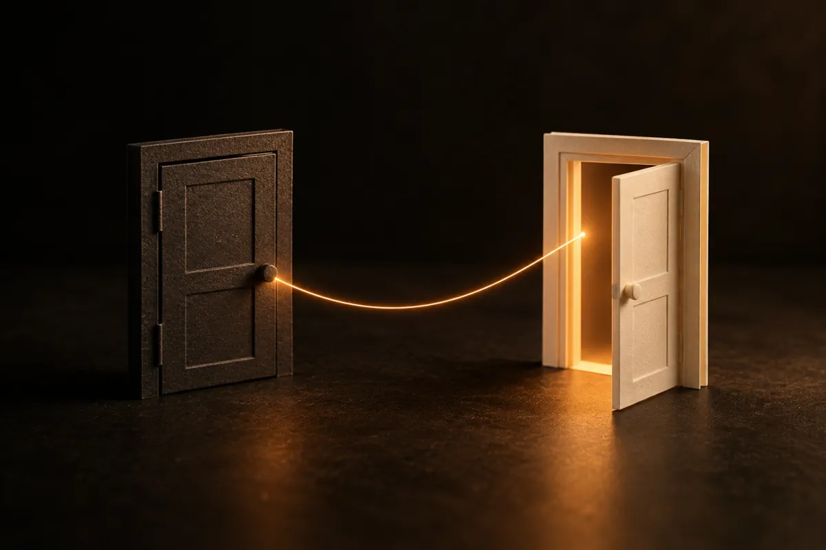 Une ancienne porte fermée et une nouvelle porte ouverte reliées par un fil de lumière