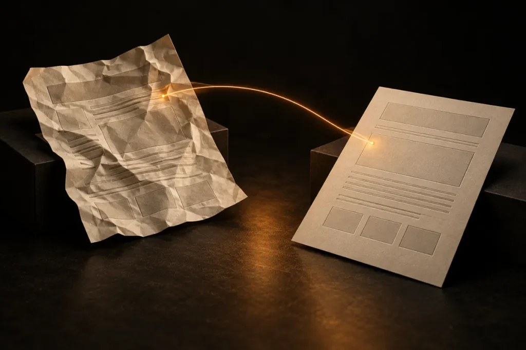 Refonte site internet : une page en papier froissé reliée par un fil lumineux à une page neuve et nette