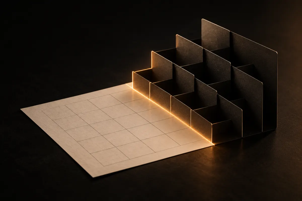 Feuille quadrillée crème d'où s'élève une structure en carton sombre, la transition soulignée par une lumière ambrée