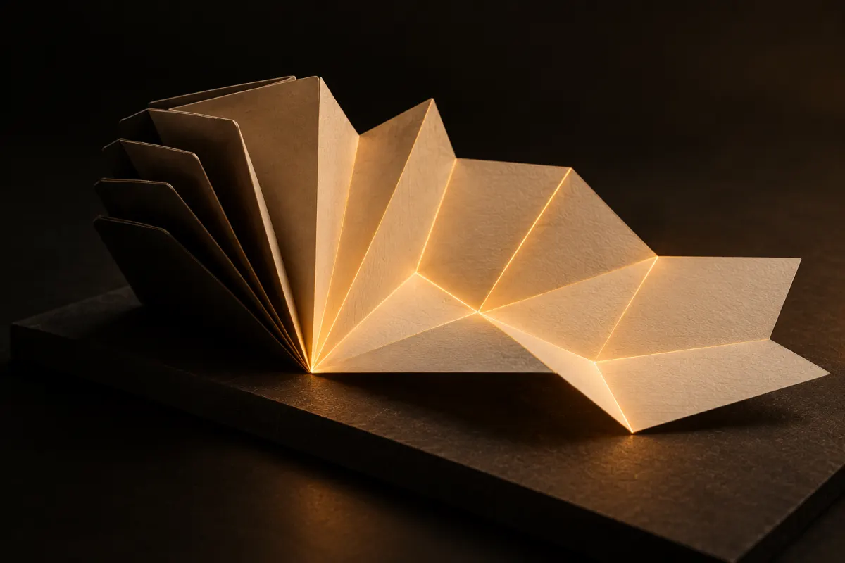 Formaliser le savoir-faire du dirigeant : un objet en papier crème à demi déplié, ses lignes de pliage révélées par une lumière ambrée
