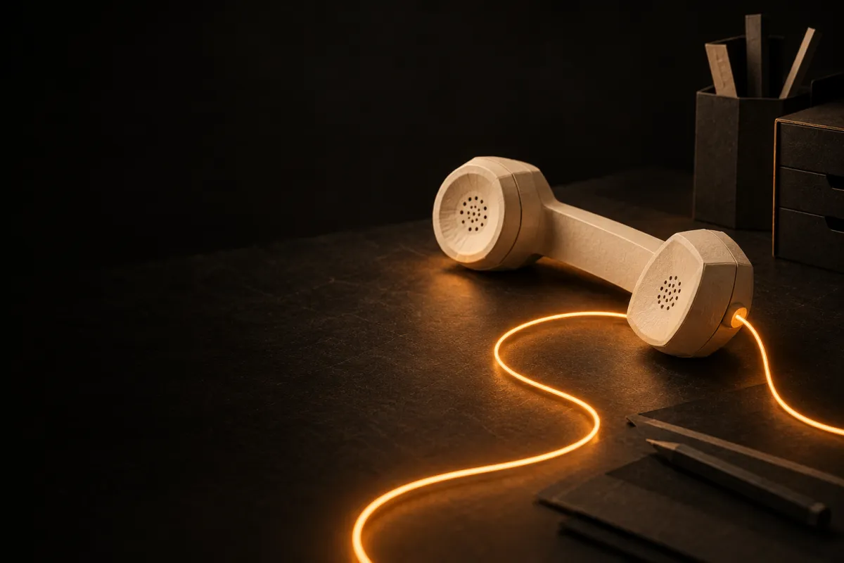 Site internet artisan : un combiné de téléphone en papier posé sur un établi, un fil lumineux en sort