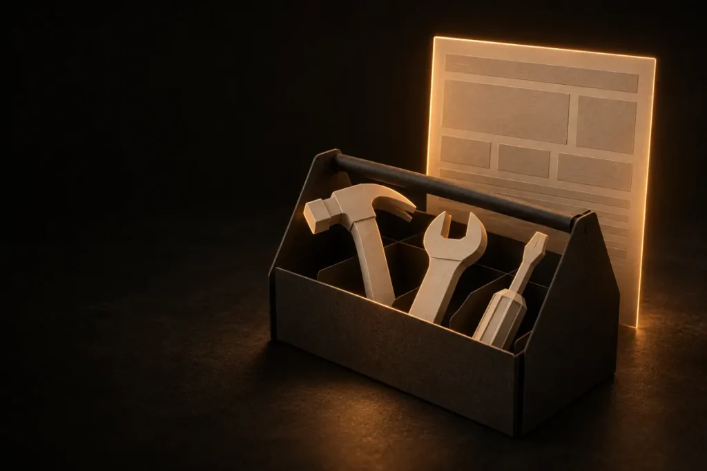 Site internet artisan : une boîte à outils en carton devant une maquette de page éclairée