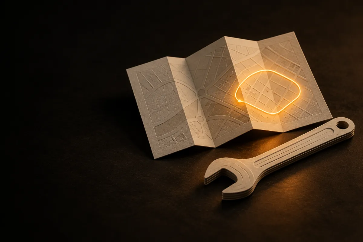 Une carte en papier pliée avec une zone entourée d'un fil lumineux, à côté d'une clé plate