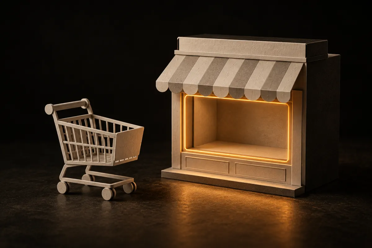 Une vitrine en papier éclairée à côté d'un chariot de courses en papier