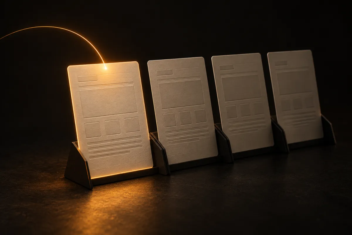 Site vitrine : quatre fiches en papier alignées comme les pages d'un site, la première éclairée