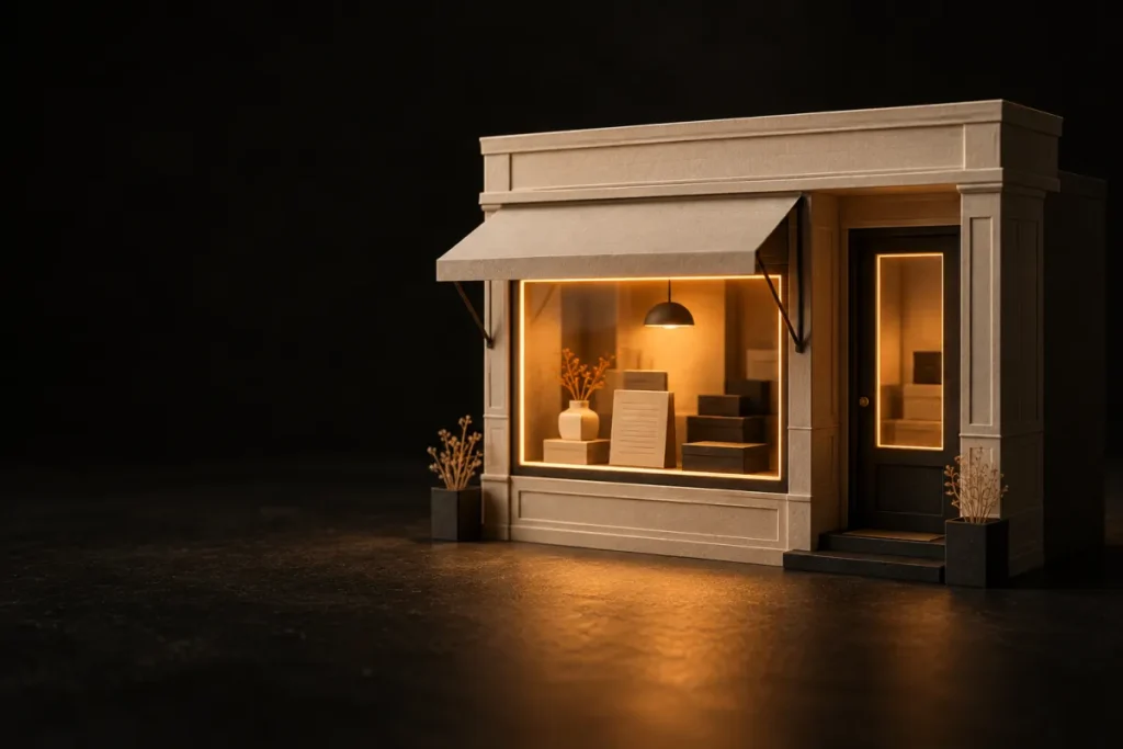 Site vitrine : une devanture de boutique en papier crème éclairée de l'intérieur par une lumière orange