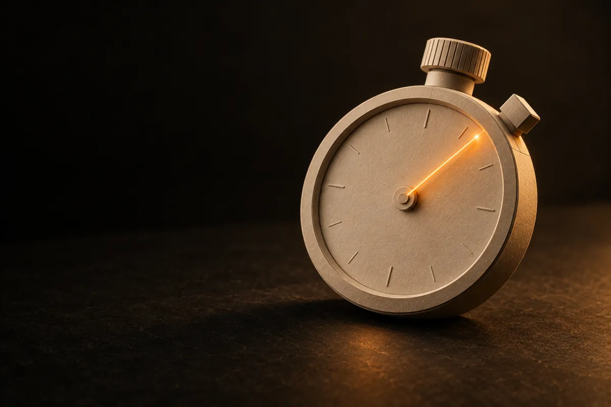 Un chronomètre en papier dont l'aiguille est un fil de lumière orange
