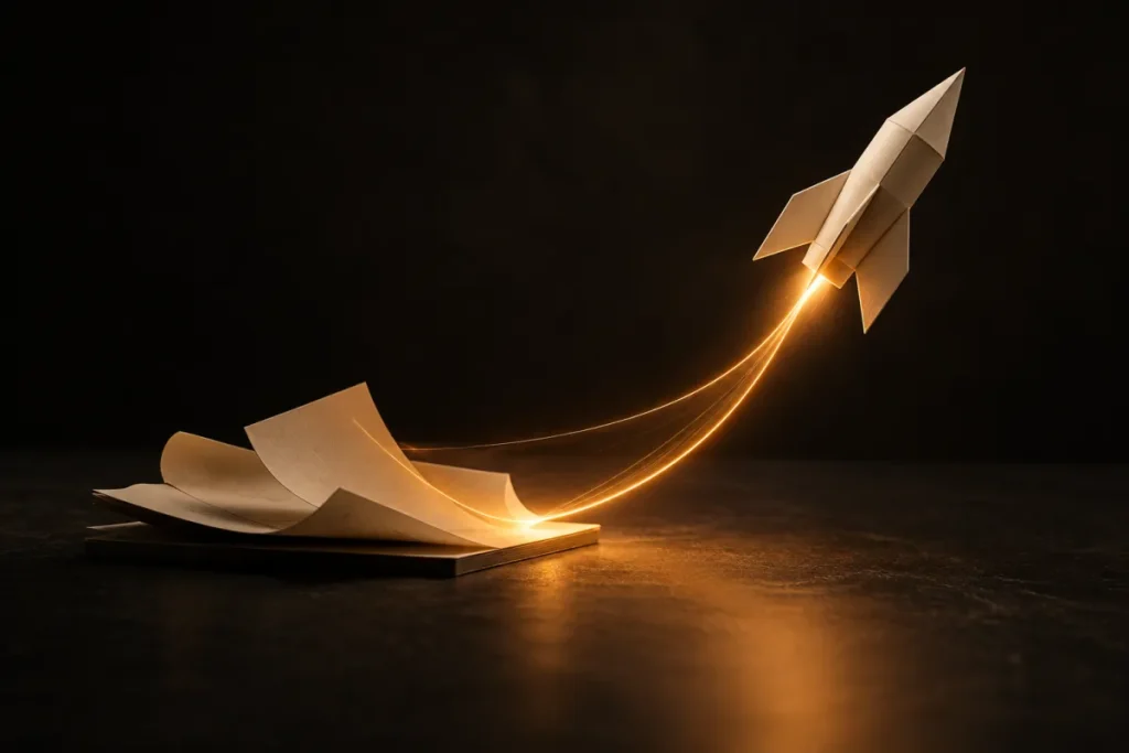 WordPress lent : une fusée en papier qui décolle en laissant une traînée de lumière orange